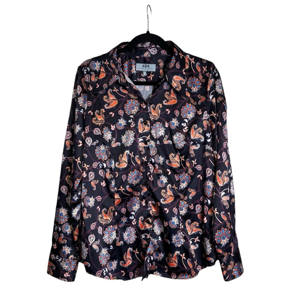 Hawes & Curtis Fitted UK 16 Blue Floral Paisley Satin Button Down Blouse